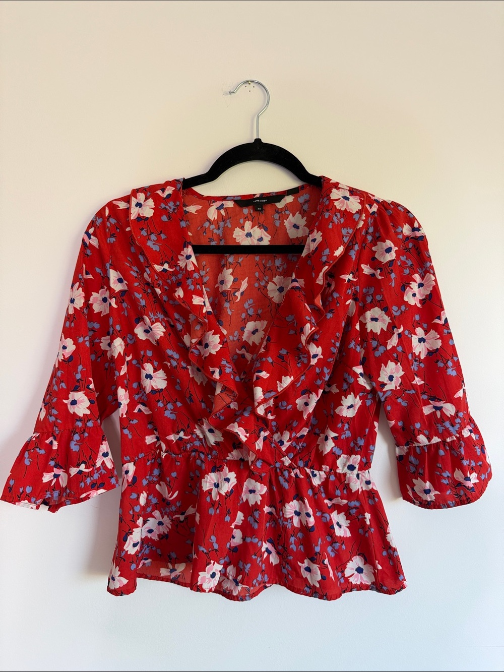 Vero Moda Red Floral Ruffle Wrap Blouse